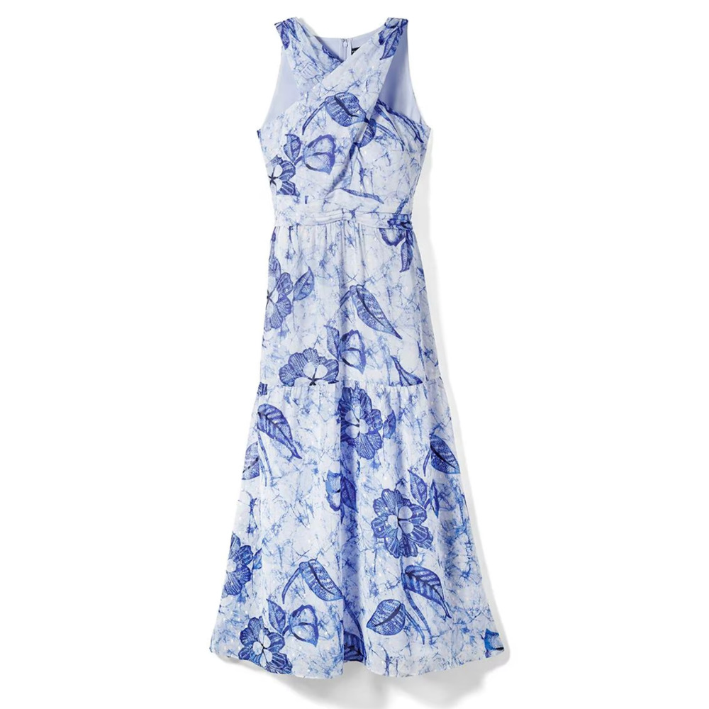 WHITE HOUSE BLACK MARKET BLUE CLIP DOT FLORAL HALTER MIDI DRESS SZ 10P 10 PETITE